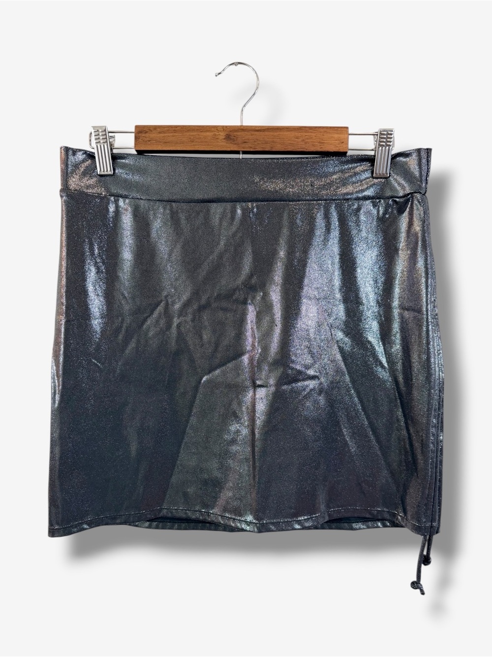 TA3 Swim Skirt Size L Metalic Gunmetal Iridescent Ruched Side Mini Length